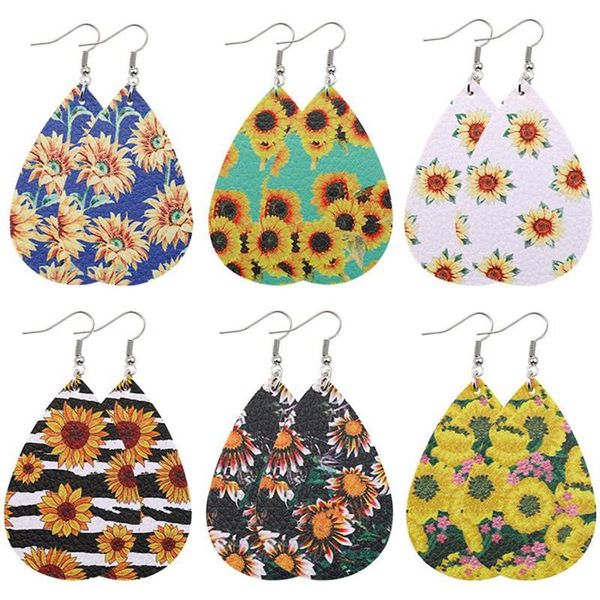

dangle & chandelier pu leather sunflower floral print teardrop earrings for women cute daisy flower summer statement party jewelry, Silver