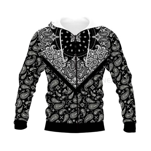 

men's hoodies & sweatshirts fashion bandana graphic spring autumn winter hip hop casual brand 3d print paisley zip hoodie polyester v23, Black