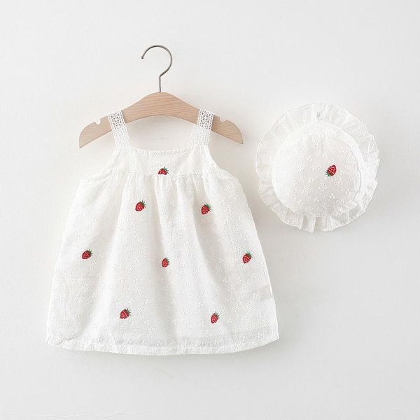 

girl's dresses 2pcs/set baby girls dress with hat summer cotton straped strawberry embroidery lace princess cute kids clothes, Red;yellow