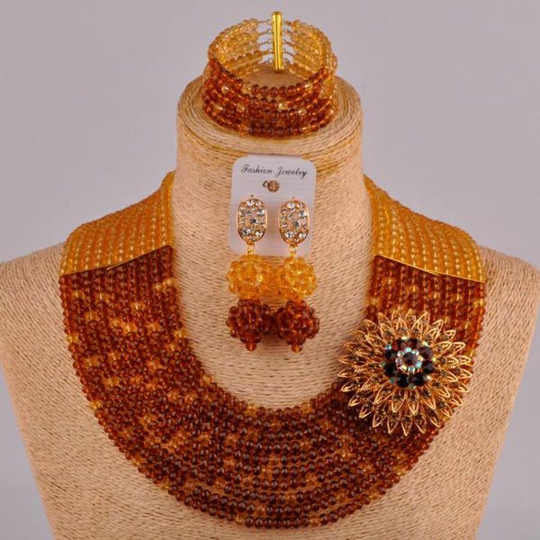 

earrings & necklace champagne gold and brown costume african beads jewelry set crystal 10sz, Silver