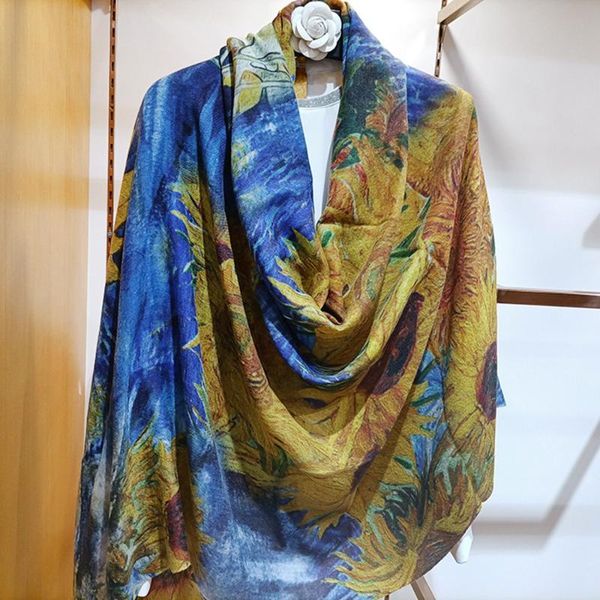 

scarves high-end elegant women exquisite oil painting style spring pastoral print quality cashmere soft warm large scarf shawl, Blue;gray