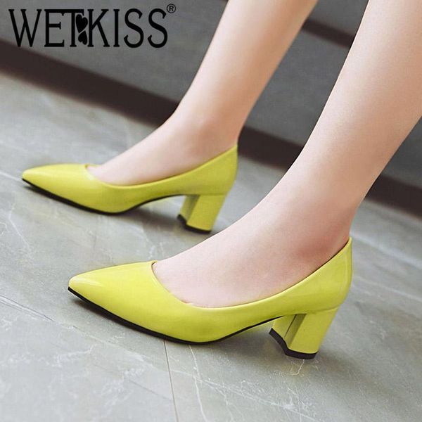 

dress shoes wetkiss thick high heels women pumps pointed toe footwear shallow female office patent pu woman 2021 spring, Black