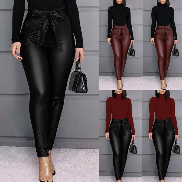 

pu leather pants stretchy womens legging skinny pencil trousers high waisted, Black