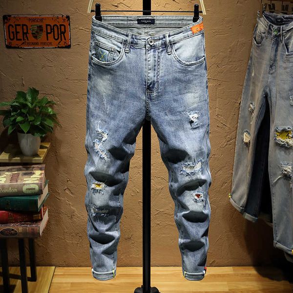 

jeans pierced light color men's fashion menswear god street casual capris men, Blue