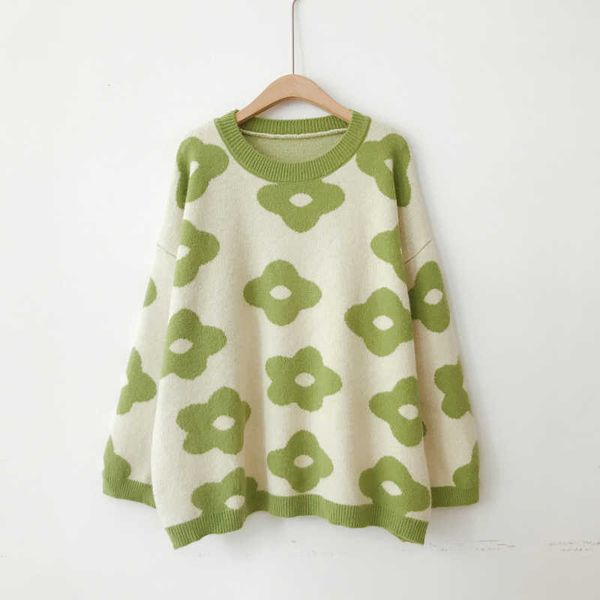 

perhaps u women sweater knitted pullovers long sleeve blue orange yellow green floral pattern o neck loose autumn winter m0177 210529, White