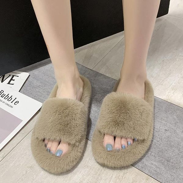 

slippers 2021 women winter warm female slip-on flat for home black faux fur plus size 35-42 shoes