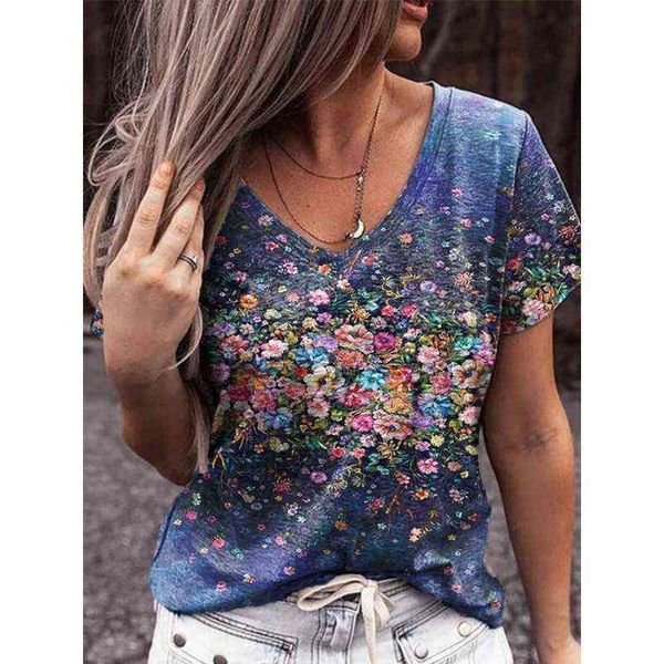

women's t-shirt 2022 summer v-neck floral print t-shirt, White