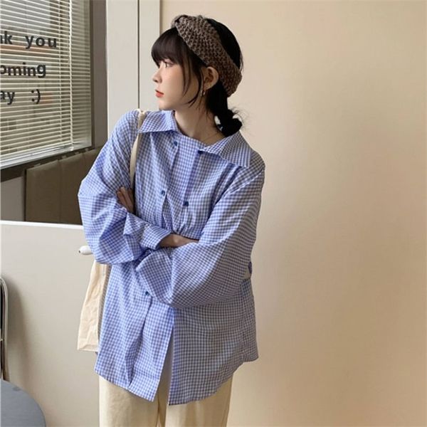 

fashion temperament autumn winter blusa blue plaid blouse women's jacket mid-length shirt c635 210507, White