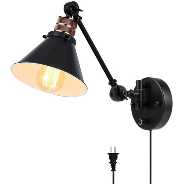 Lâmpada de parede Plug-in Braço de balanço de luminária de parede com interruptor Dimmable, Metálico Black Industrial