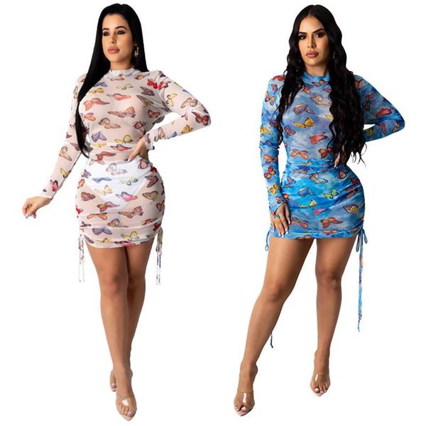 

mesh see through party dress women long sleeve drawstring ruched mini dresses casual, Black;gray