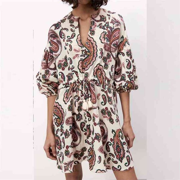 

women summer print vintage mini dress za 3/4 sleeve v-neck drawstring elastic waist female elegant a-line dresses vestidos 210513, White
