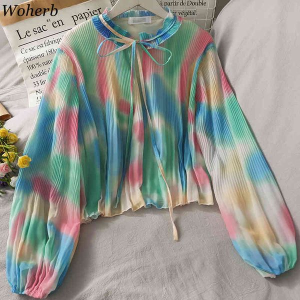 

long puff sleeve korean shirts rainbow tie dye pleated blouse summer vintage harajuku blouses women elegant blusas 210417, White