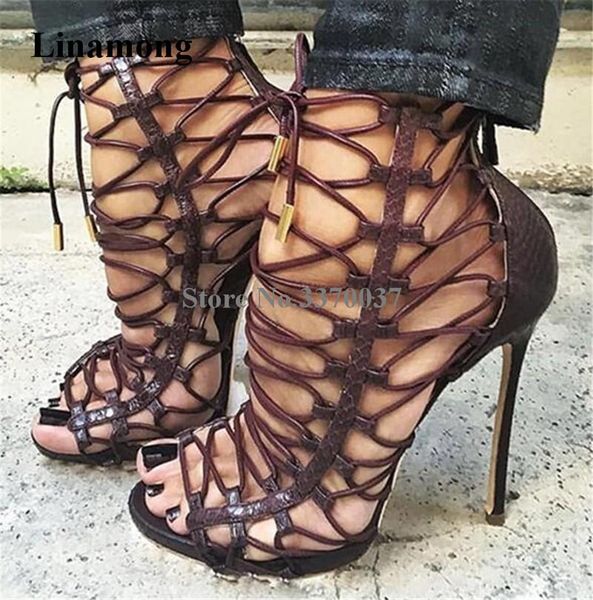 

est women open toe straps cross stiletto thin heel gladiator sandals lace-up brown snakeskin high party shoes, Black