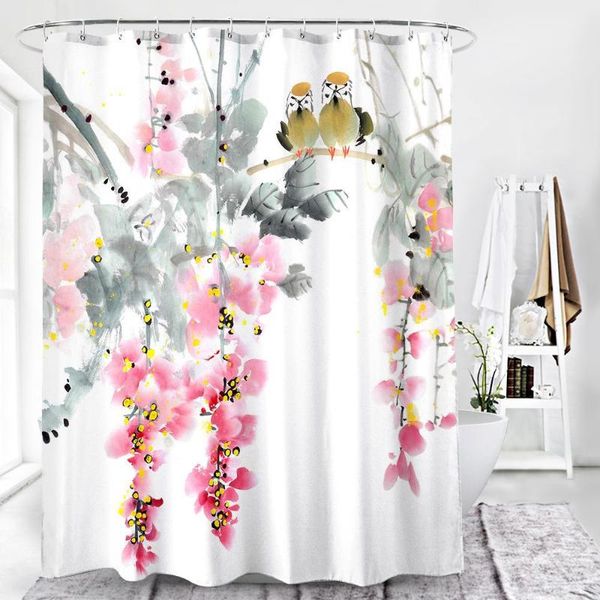 

shower curtains chinese style ink painting bath curtain flower bird tree pattern art decor waterproof fabric bathroom with hooks