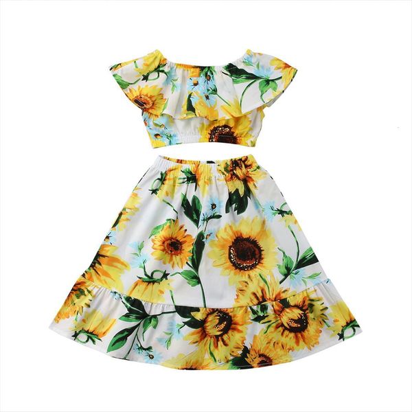 

cute sunflowers toddler kids baby girl off shoulder crop skirt outfits clothes, White