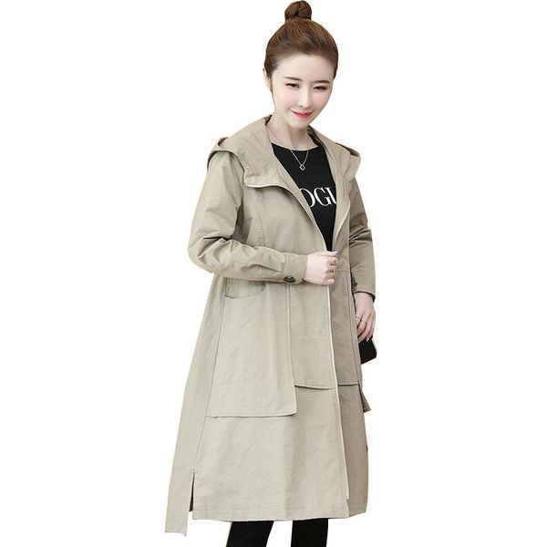 

women's trench coats plus size windbreaker coat woman's autumn clothes fashion loose and thin mid-length long sleeve hooded female, Tan;black