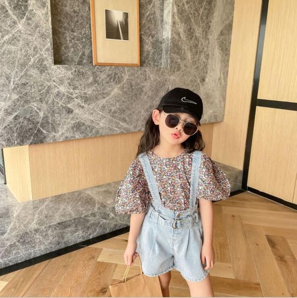 

clothing sets 2021 girls 2 pcs set shirt+ denim overalls cotton summer fashion kids suits 2-7 years cy961, White