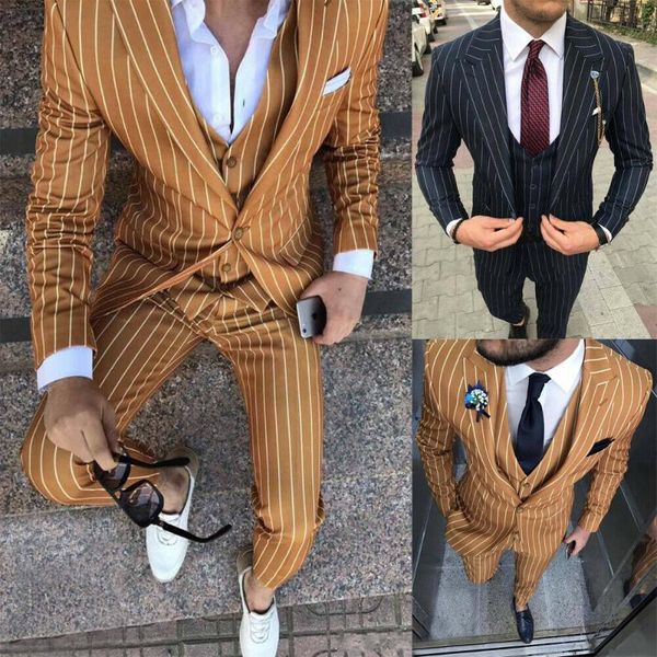

men's suits & blazers suit 2021 fashion groom wedding dress high-end party business beige striped slim 3 piece set (coat+ vest+ pants), White;black