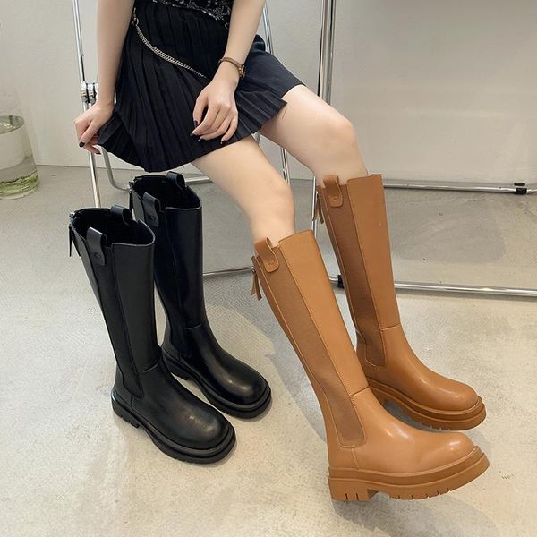 

boots knee-high autumn brown leather knight back zipper long shoes woman botas feminina winter booties, Black