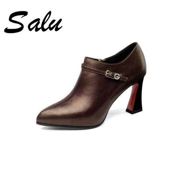 

salu 2021 handmade retro lady pumps genuine leather pointed toe slip-on pump comfortable elegant dating shoes women dress, Black