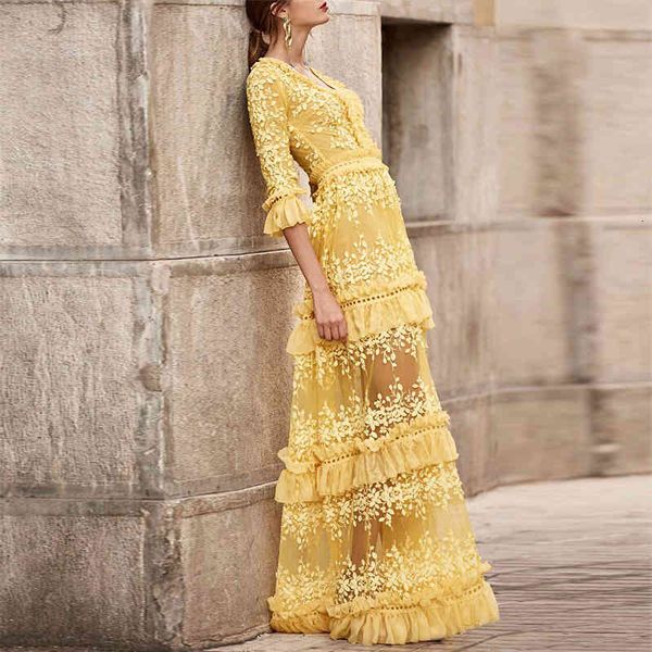 

casual dresses vintage yellow floral lace embroidery long for women 2021 summer elegant v-neck ruffles pleated maxi dress robe 2hk, Black;gray