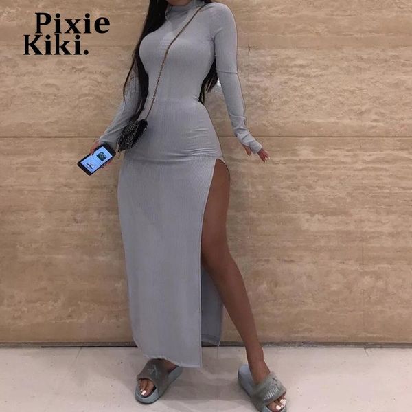 

casual dresses pixiekiki split maxi women 2021 fall winter club party outfit ribbed knitted long sleeve bodycon dress p74-dz38, Black;gray