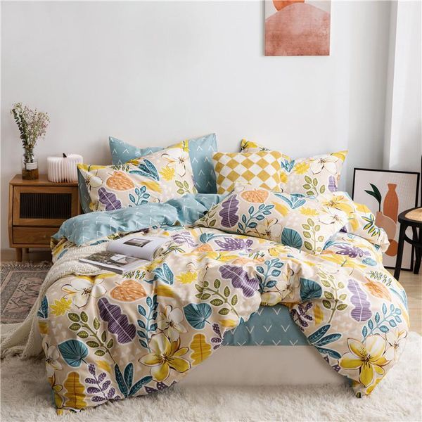 

bedding sets small fresh set 4pcs cartoon style color floral bed sheet soft fabric quilt cover home pillowcase no fading