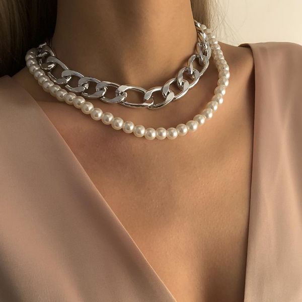 

chains 2pcs baroque imitation pearl round bead hollow thick chain metal necklace for women simple jewelry accessories, Silver