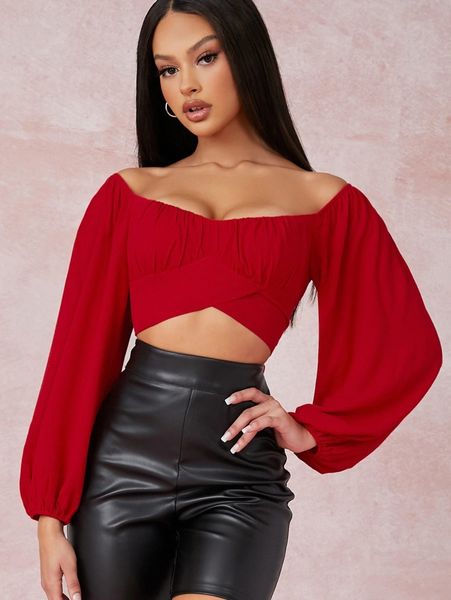 

off-the-shoulder peasant sleeve self-tie crop 90gd#, White