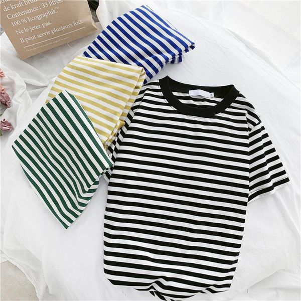 

women's t-shirt 2021 summer striped female clothes of loose student fashion girl base shirt tide, White