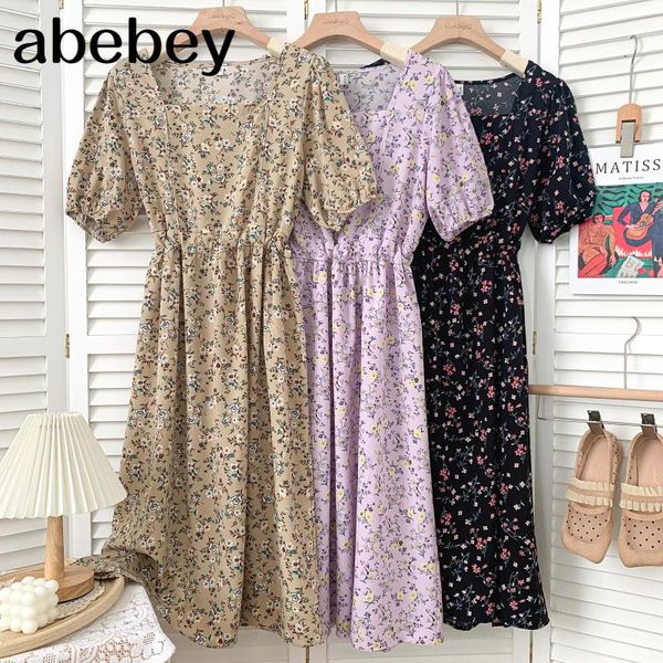 

casual dresses fashion versatile square collar puff sleeve dress high waist pleated bandage floral 2021 summer women, Black;gray