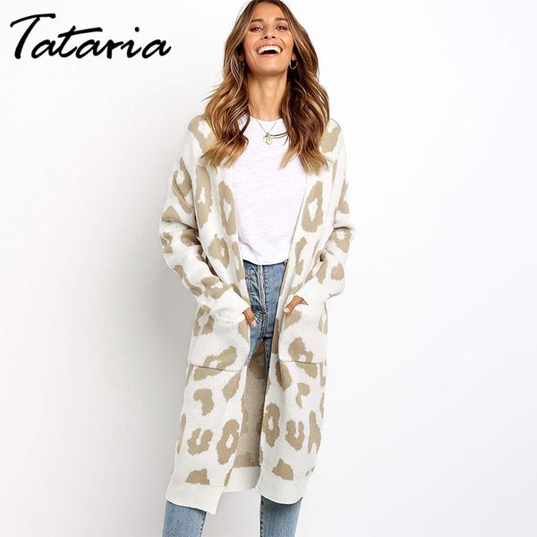 

tataria autumn winter women long sleeve knitting cardigan sweater leopard dot knitted overcoat for female 210514, White