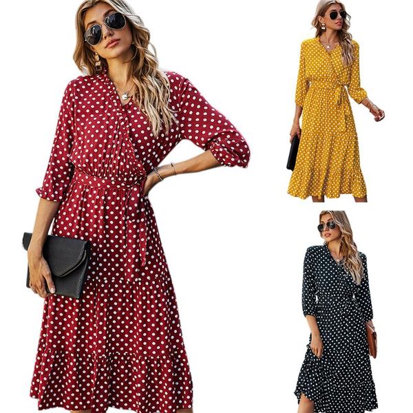 

vintage polka dots long dress v neck women 3/4 sleeve a-line party gown graceful fashion ruffle tunic dresses with waist sash casual, Black;gray