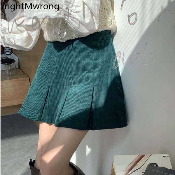

skirts corduroy solid khaki green high waist mini pleated a-line skirt women korean fashion vintage cute fall autumn lolita pretty, Black