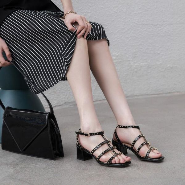 

big size 9  11 high heels sandals women shoes woman summer ladies square-headed riveted with thick, Black