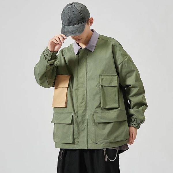 

men's jackets muti-pockets bomber jacket men contrast patchwork turn-down collar japanese male fashion loose overalls autumn casual, Black;brown