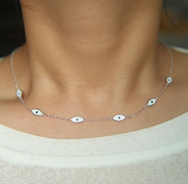 

Top Quality 925 Sterling Silver Delicate White&green Enamel Turkish Tiny Evil Eye Necklaces For Women Girl Fashion Charm Jewlery Chains