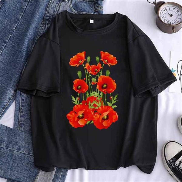 

red poppy print casual women funny kawaii tees hipster tumblr female harajuku short sleeves clothes,drop ship, White