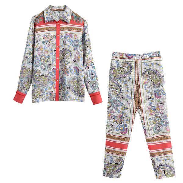 

pants 2021 women two piece printed & trousers chic lady fashion casual vintage loose woman shirt and pants set, White