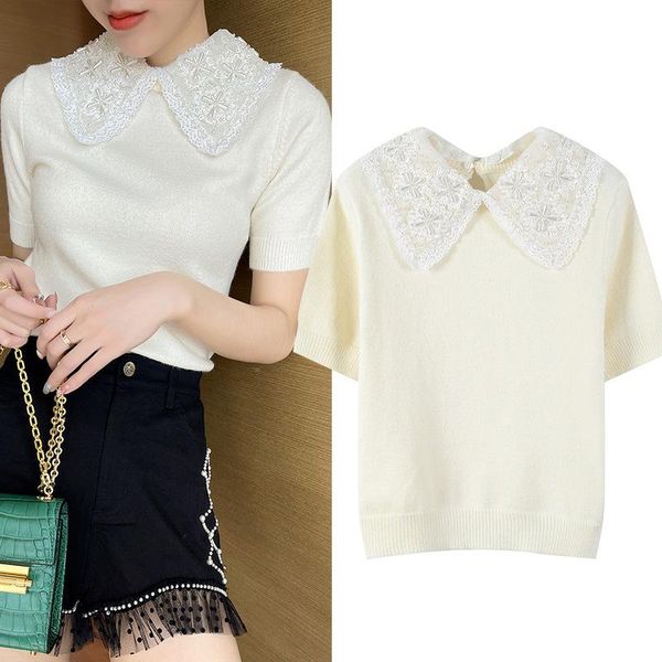 

women's sweaters brand runway winter luxury white beaded girly knit sweater pullover lace laple elegant slim clothes 2021, White;black