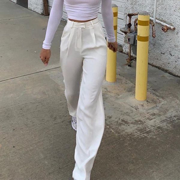

women's pants & capris high waist soft comfort chic fashion office wear solid straight vintage zipper female trousers mujer, Black;white