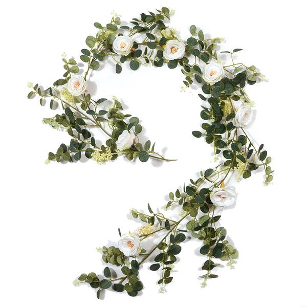 

artificial flower eucalyptus garland with camellias, 6ft fake hanging vine for wedding,garden party,table decor decorative flowers & wreaths