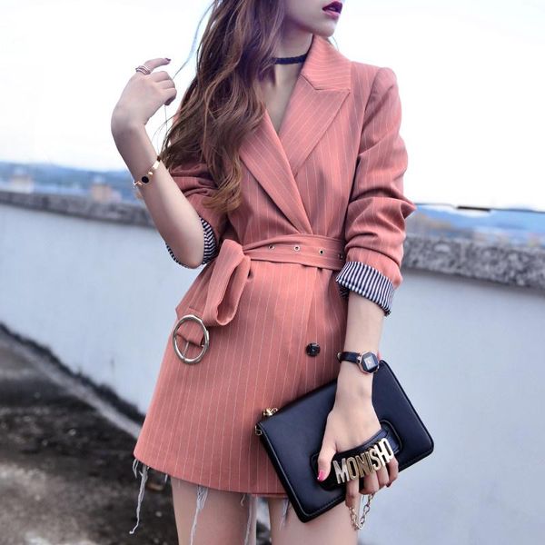

women's suits & blazers striped long blazer women 2021 autumn double breasted business office casual ladies suit with belt, White;black