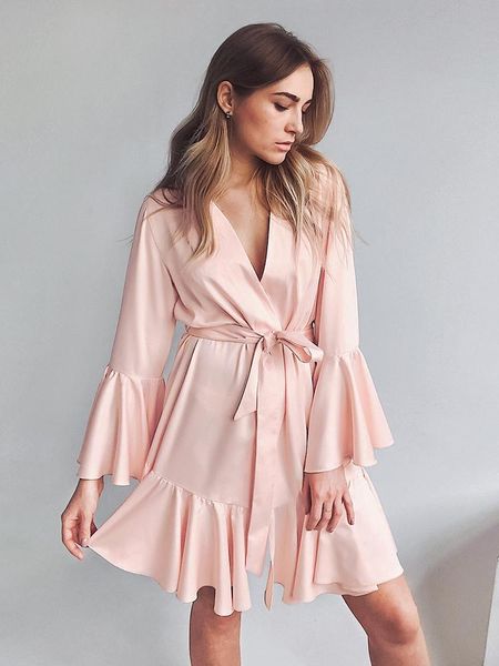 

women's sleepwear sleeve evening bed jump home dress patchwork mini bathrobe satin, Black;red