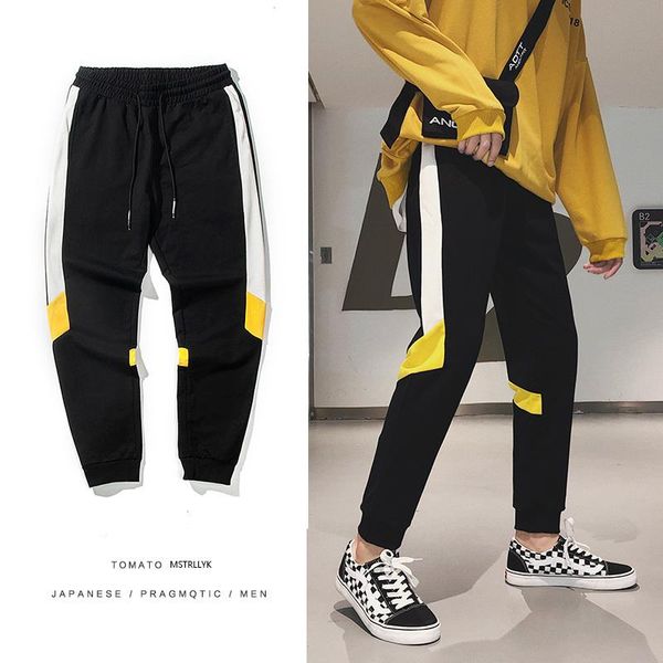 

men's pants summer sports fashion contrast color stitching casual joggers man streetwear hip hop loose track, Black
