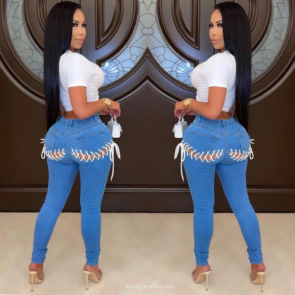 

women's jeans style strappy jeans, stretch little feet pants, Blue