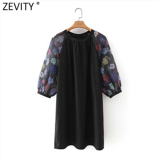 

zevity women vintage o neck organza print sleeve patchwork casual kimono dress female chic back buttons vestido ds5055 210603, Black;gray
