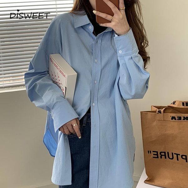 

solid lapel shirt woman korean long-sleeved single-breasted loose women college style pocket spring and autumn women's blouses & shirts, White