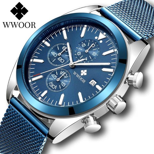 

wristwatches 2021 wwoor blue watch for men sports quartz chronograph military steel mesh waterproof clock reloj hombre, Slivery;brown