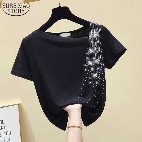 

casual t shirt for women summer clothing solid short sleeve tees irregular diamonds black t-shirt femme blusas 10016 210527, White